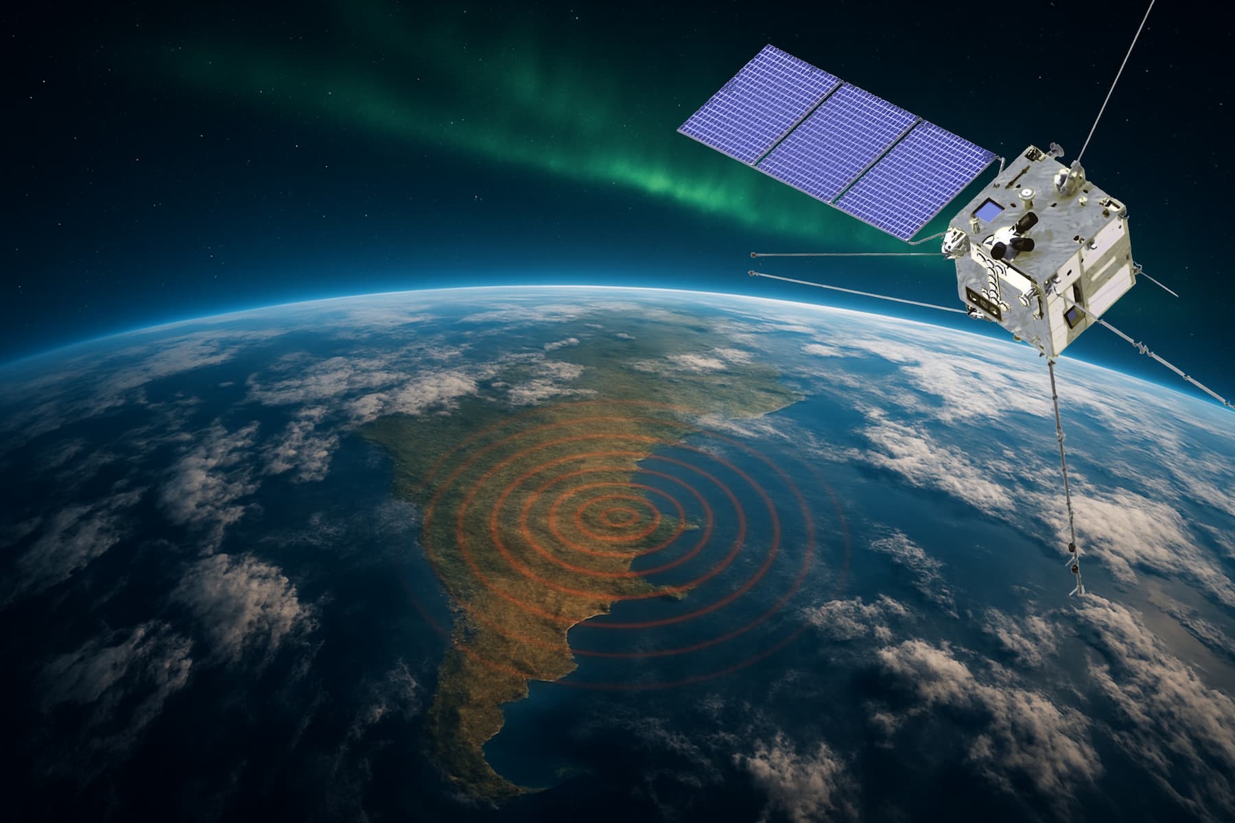 An artistic impression of the CSES-02 satellite observing Earth (generated with AI support). Credits: CSES mission